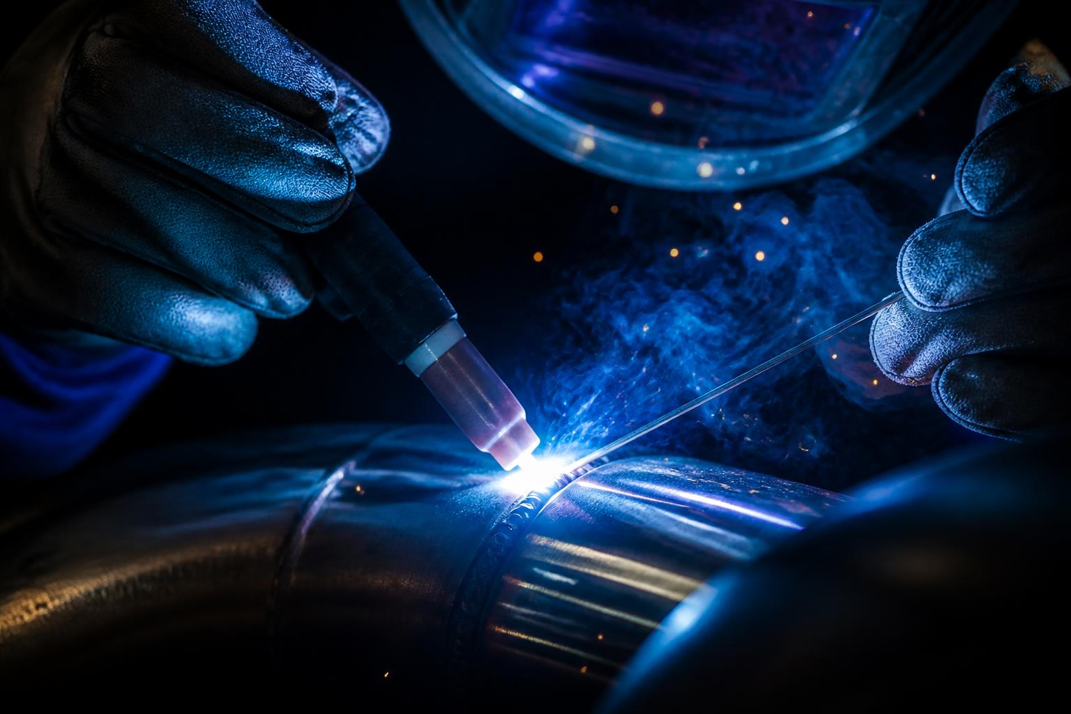 Close-up of a TIG weld arc on polished steel