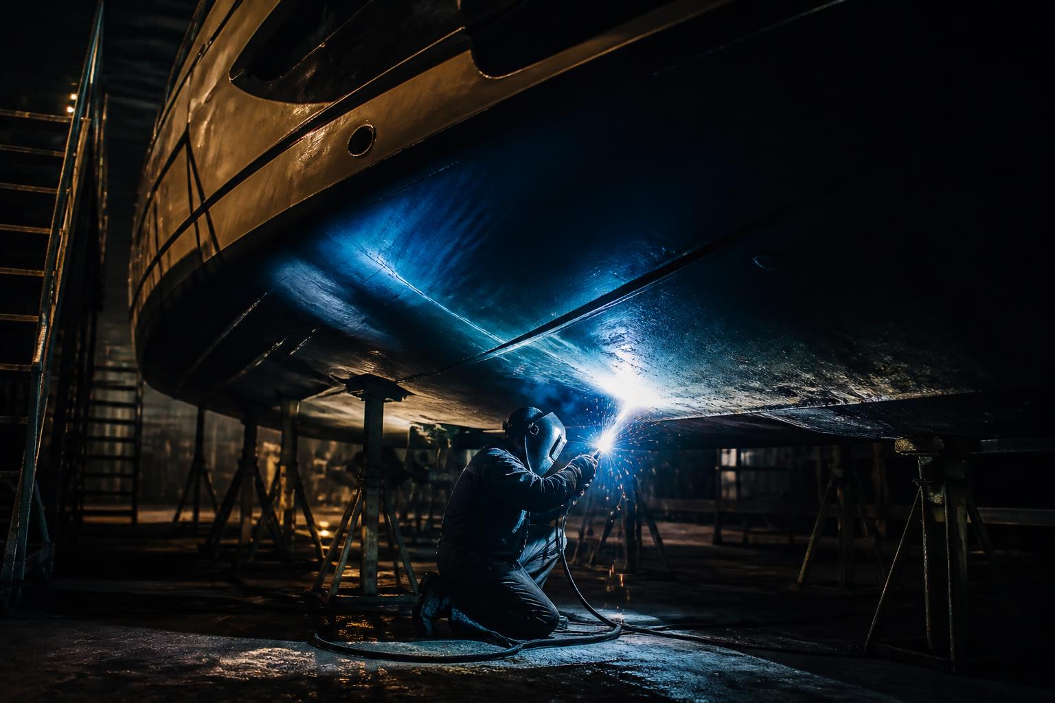 Welder working on a boat hull in a dry dock