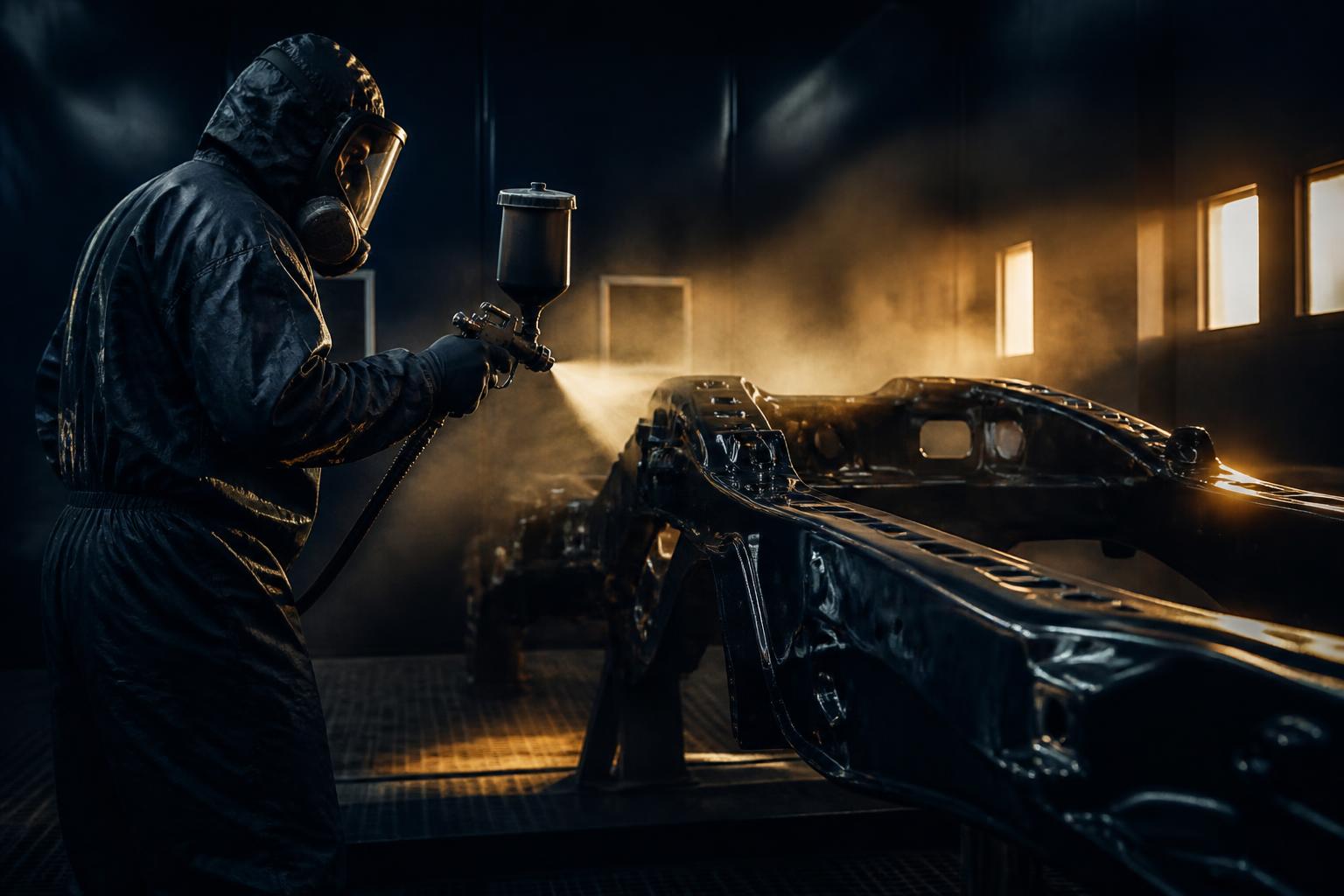 Worker spraying a metal vehicle chassis