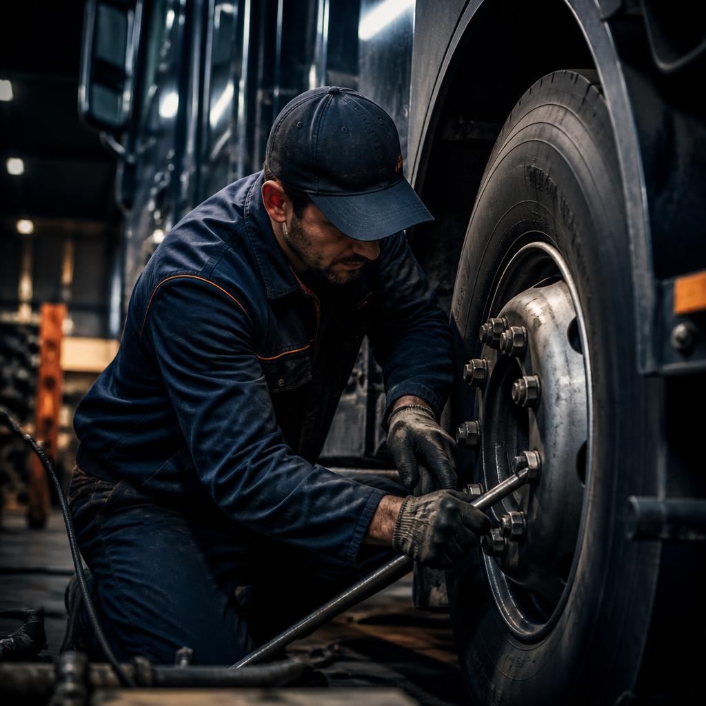 Mechanic fitting a heavy commercial tyre in the workshop